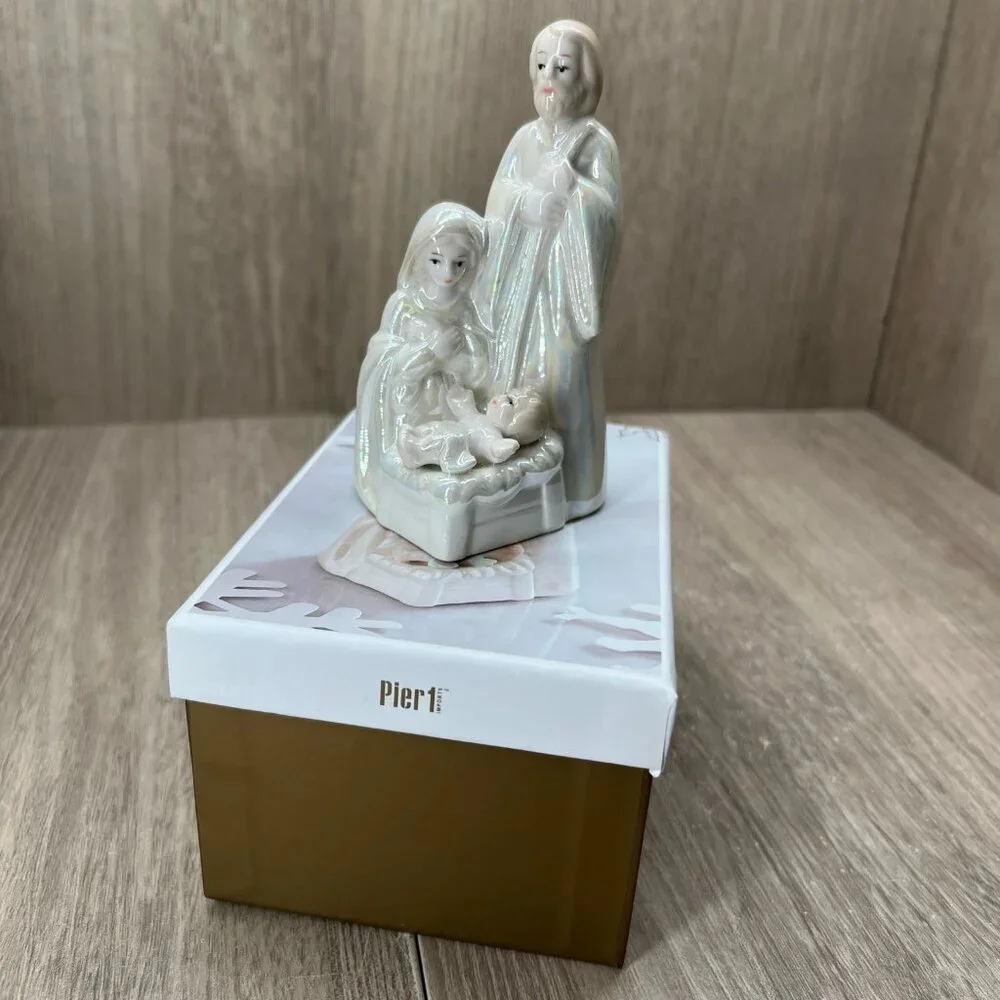 Pier 1 Holy Family Nativity Figurine Iridescent Glazed Porcelain Christmas Decor